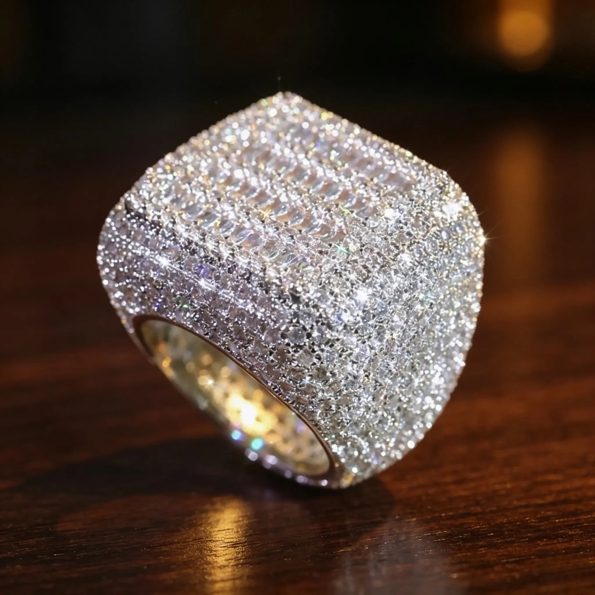 Women's Aesthetic Multi-Cut Pave Square Face Statement Ring - Dense Sparkles Metal Coated Wide-Band Cocktail Ring, Anniversary Party Fashion Accessory