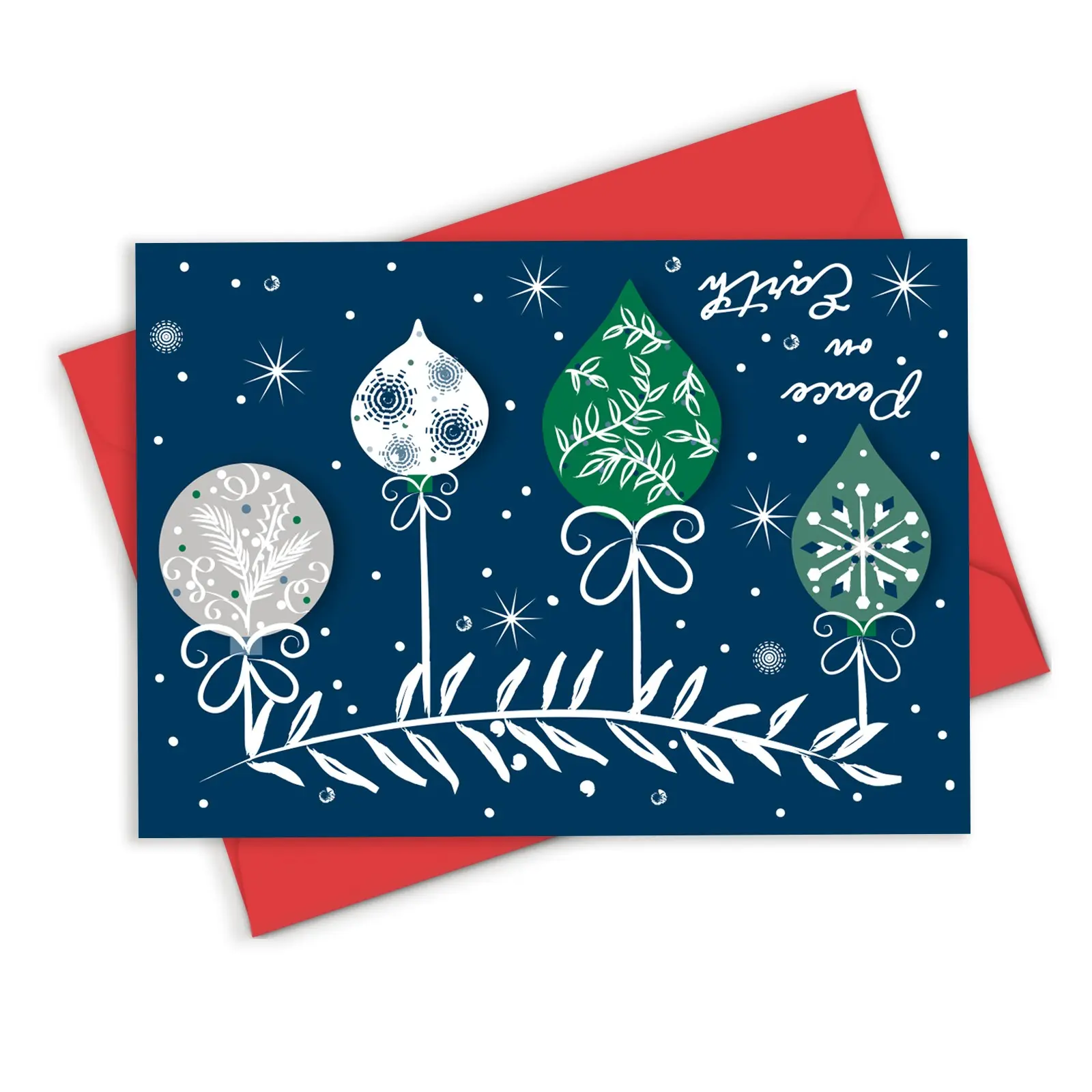 1 Count Navy Blue Peace On Earth Christmas Card, 5×7 Inch Minimalist Green White Bauble Holiday Greeting Card With Red Envelope, Winter Leaf Snowflake Ornament Design, Elegant Xmas Gift Card For Family Coworkers