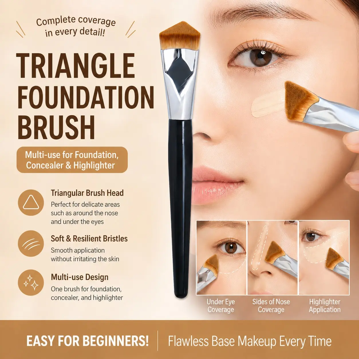 Triangle Concealer Brush, Precision Foundation Brush for Nose Wings & Eye Corners, Soft Fiber Makeup Brush with Wooden Handle for Flawless Base Application，Suitable for both professionals and beginners