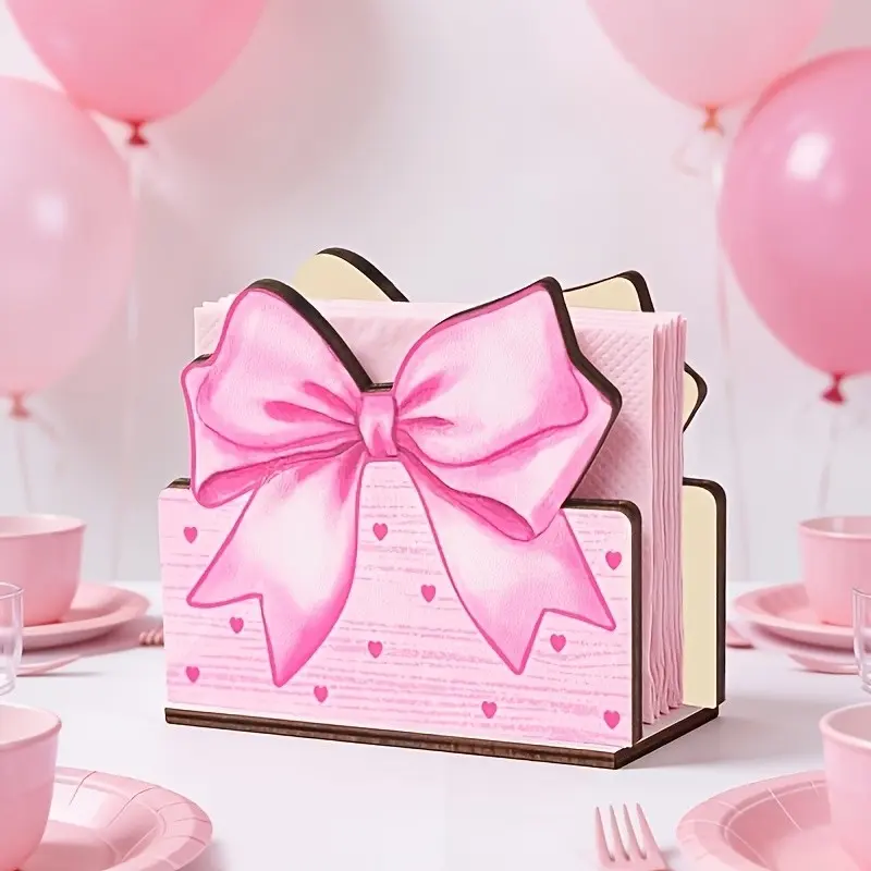 Bow Wooden Napkin Holder, Heart Pattern Desktop Organizer Decor, Perfect for Weddings, Birthdays, Baby Showers, Gender Reveal, Anniversary Parties