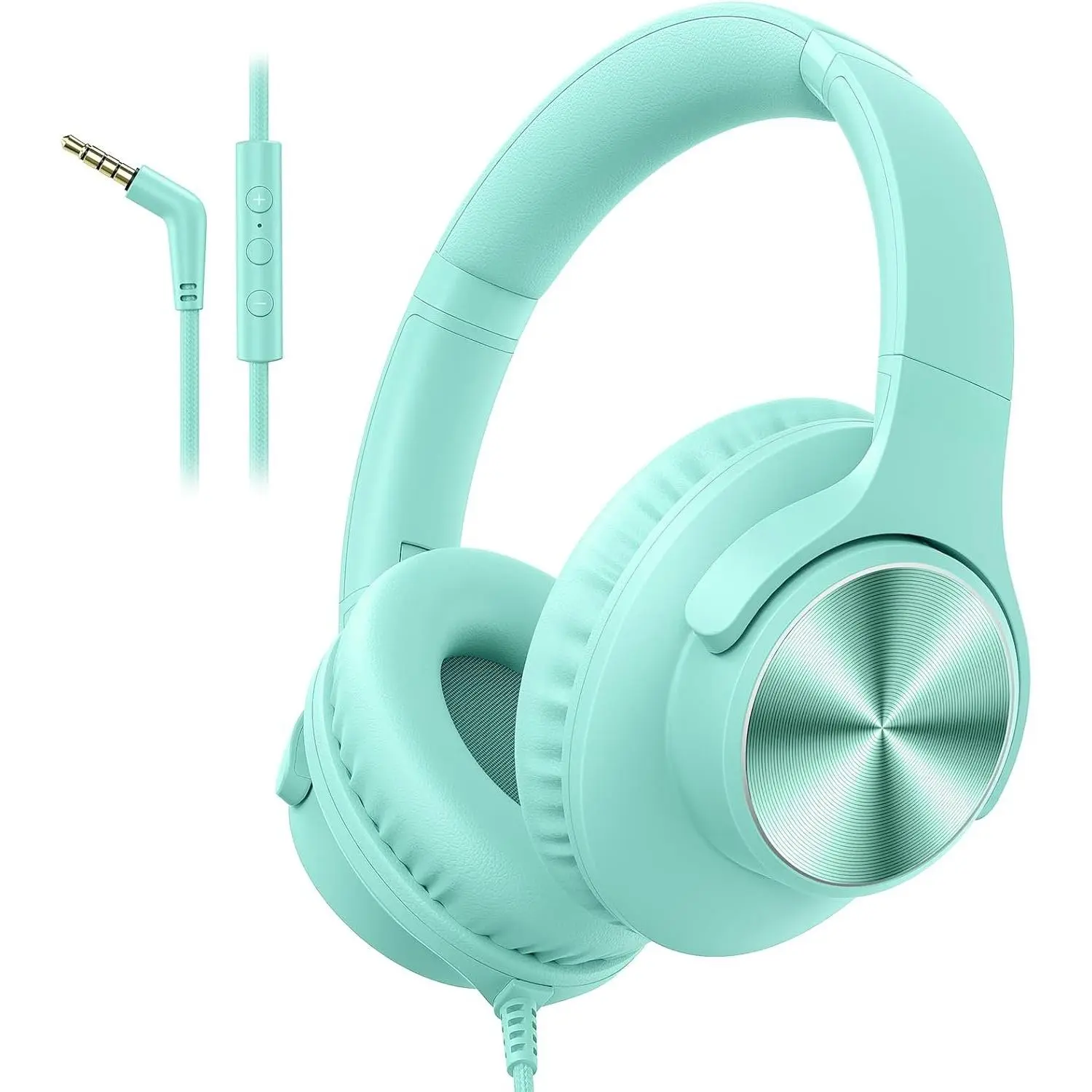 Wired Headphones with Mic, Volume & Playback Control, Over-Ear Foldable Headphones, 3.5mm Plug, 90? Swivel Ear Cups, 4.9ft -Free Cord for Tablet, Laptop, PC, School, Travel (Mint Green)