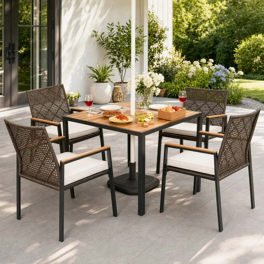 ARCH 5-Piece Patio Dining Table Set with Umbrella Hole, Acacia Wood & Rattan Outdoor Conversation Set, Dark Brown, Water Resistant Cushions, Seats 4, Garden Backyard Furniture Set for Outdoor Dining, Dark Brown Color Options, Acacia Wood/Steel/Wicker