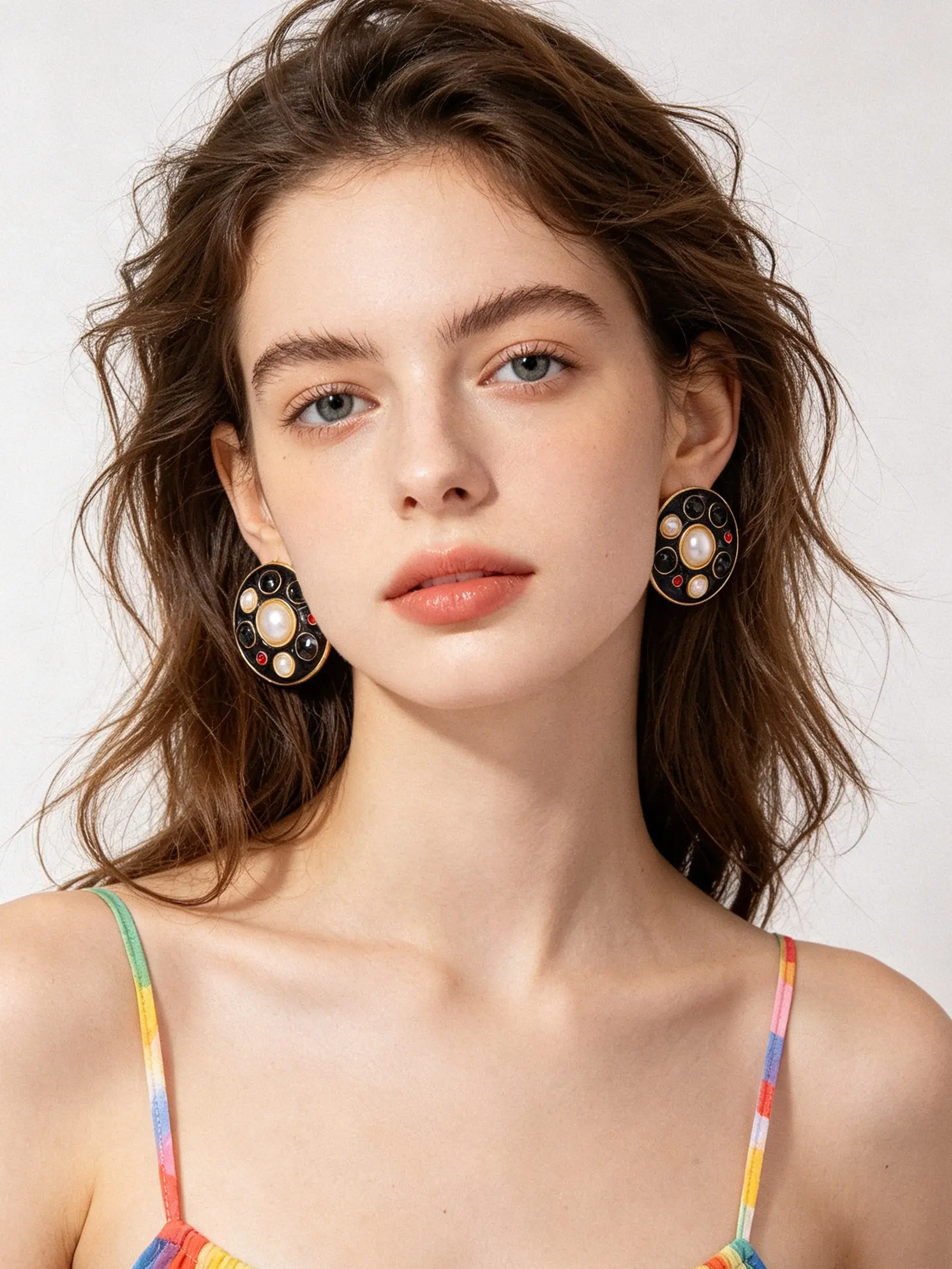 Elegant Retro Colorful Glaze Disk Earrings for Women, Unique Gold Contrast Pearl Dot Round Studs, Fashionable Jewelry Accessories