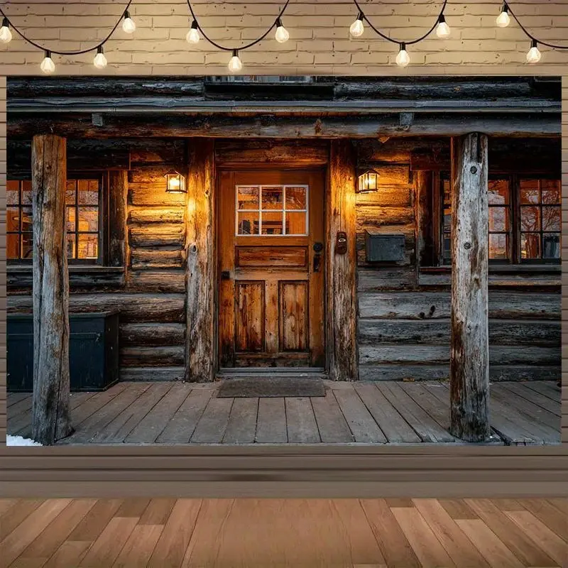 Rustic Cabin Tapestry - Foldable, Reusable, Lightweight Polyester Rectangular Backdrop, Machine Washable Vintage Farmhouse Banner with Weathered Log Cabin Door, Lanterns, Cozy Country Print, Ideal for Photo, Room Decor (Multi-Size)