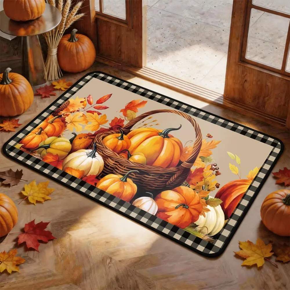 Thanksgiving Door Mat Entrance Mat, Pumpkin Maple leaves Pattern, Non-Slip Low Profile, Kitchen Floor Mat, Party Decor, Home Decoration Funny front door indoor and outdoor bathroom rugs fall rug mat Carpet Bohemian Boho Style Rug