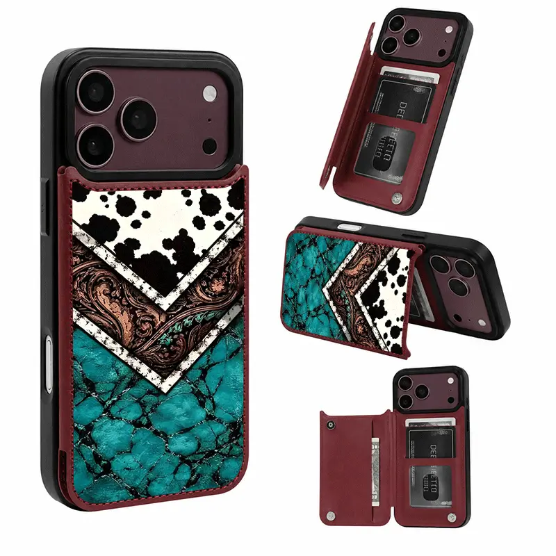 Vintage Western Cow Print Turquoise Patchwork Leather Card Holder Phone Case - Protective Accessory with 1 Card Slot, 1-Piece Protection for iPhone 18 Pro Max 17-12 Pro Plus Air, S22-S25 Series, Ideal Gift for Men/Women