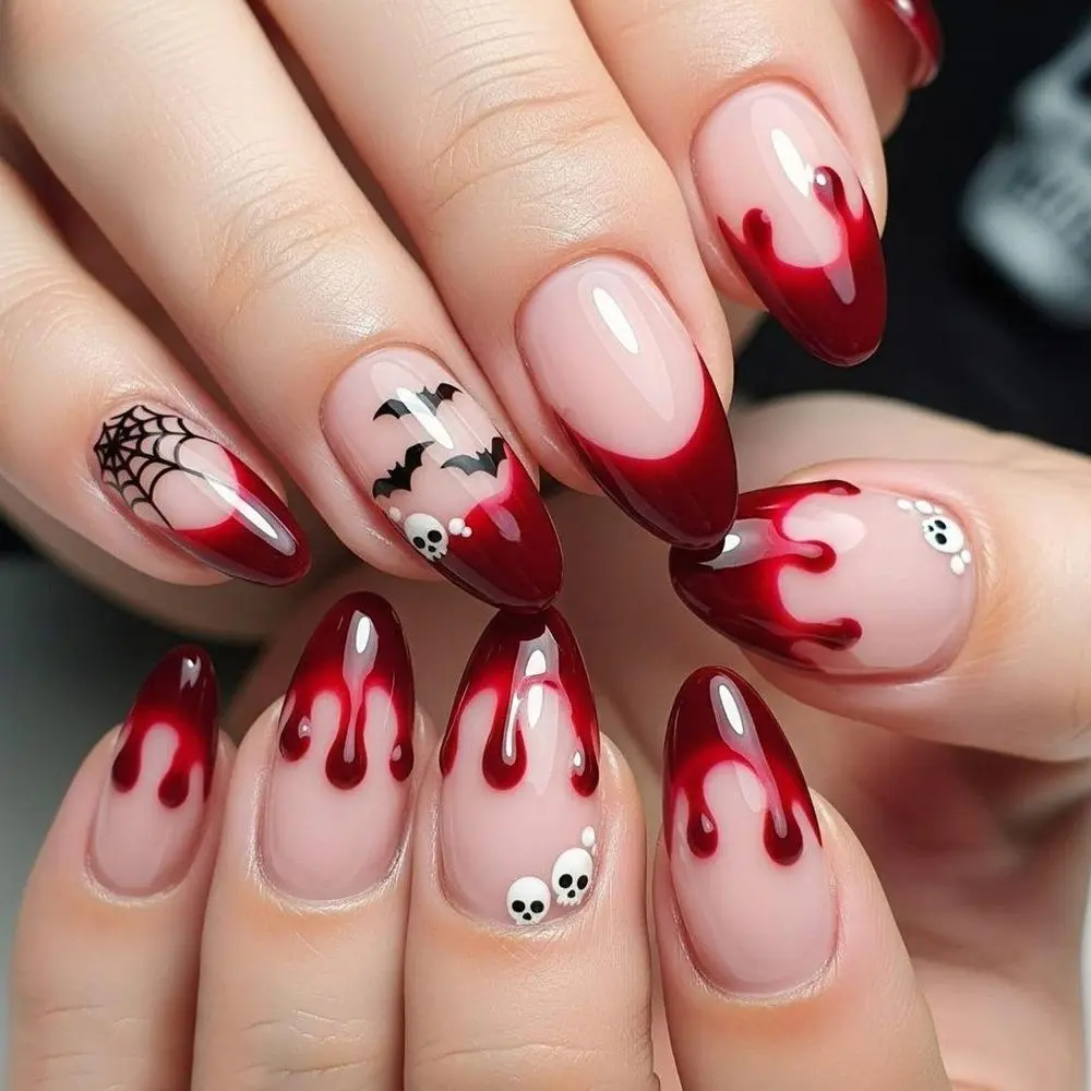 Gothic Press On Nails, 24pc Long Coffin Set with Dark French Tips, Blood Drop & Bat Accents for Halloween Parties, Nail Press On Nails