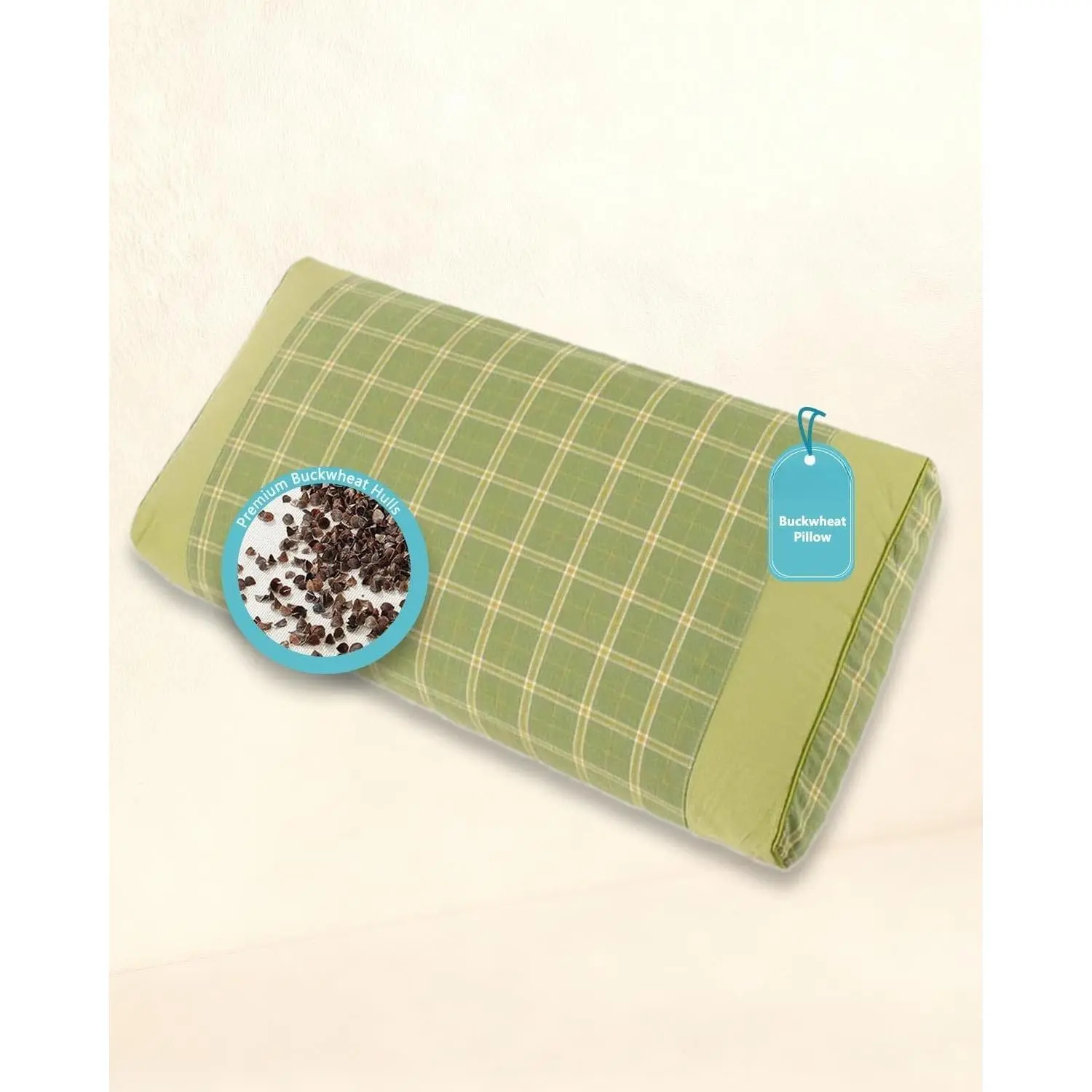 Buckwheat Cube Pillows for Side Sleepers,19.6"x9.8" Buckwheat Hulls Filling   Support Pillows for Sleeping, Customizable Height,  Pillow Covers,Green