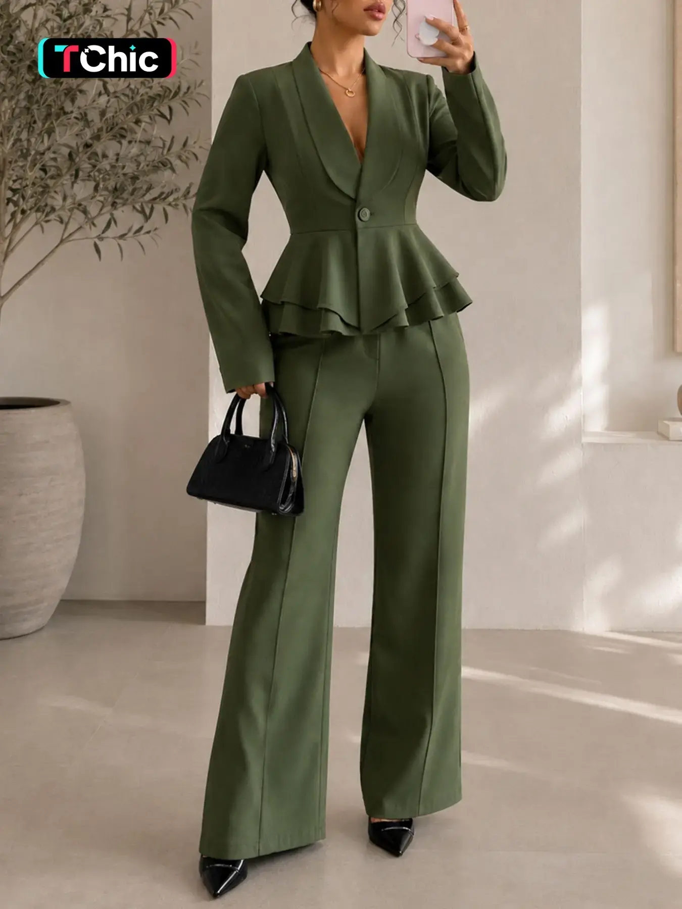 French Elegance Ruffle Blazer Two-Piece Suit Set, Slim Fit Fitted Blazer Jacket + Wide Leg Pants, Spring Formal Office Commute Ensemble Workwear, Women's Fashion, Chic Elegant Ruffled Style