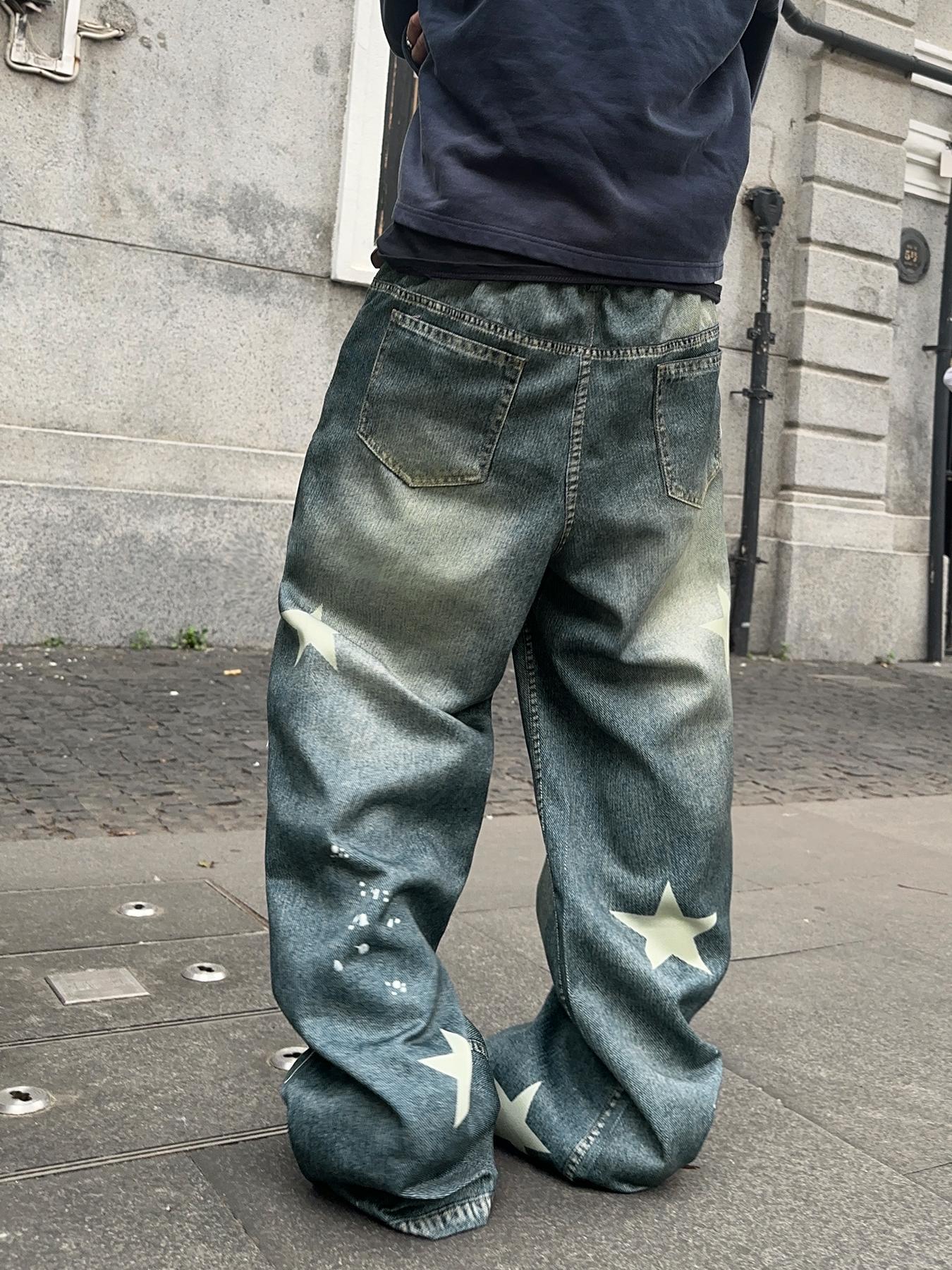 Men's Star Patched Denim Effect Print Pocket Wide Leg Pants, Loose Street Fashion Casual Pants for Daily Wear, Men's Bottoms for All Seasons, Casual Comfy Pants, Star Print Pants, Ripped Streetwear