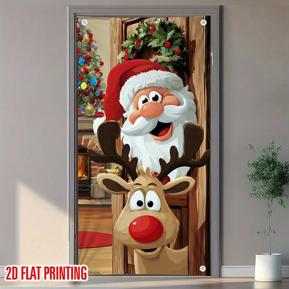 2D Flat Santa Peeking Door Banner | Funny Christmas Door Cover | Single-Sided Polyester | Metal Grommets for Easy Hanging | Perfect for Front Door, Christmas Party, Holiday Entryway & Winter Home Decor