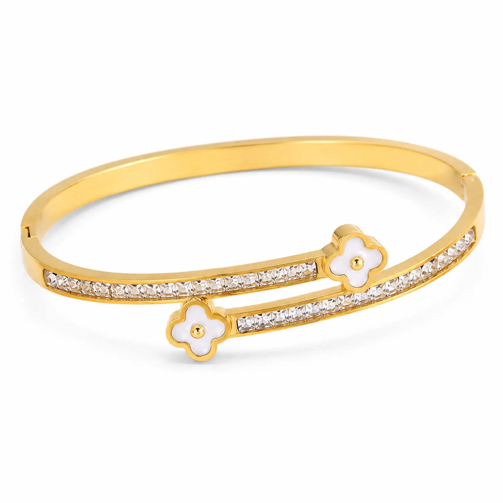 Stainless Steel Clover Open Bangle Bracelet for Women, Gold Color Four Leaf Flower Charm Cuff Bracelet, Crystal Look Accent Wrist Jewelry, Tarnish Resistant Minimalist Fashion Accessory for Office, Party, Date Night, Birthday Gift for Her