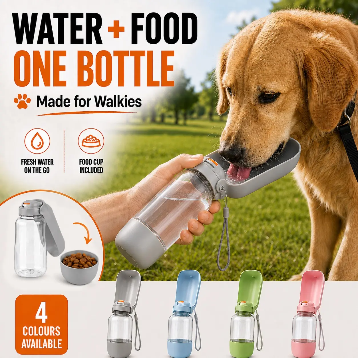 2-in-1 Portable Dog Water Bottle with Food Cup, 520ml Travel Pet Water Dispenser with One-Press Water Release, 85g Dry Food Storage Cup & Wrist Strap for Walks, Trips & Outdoor Use