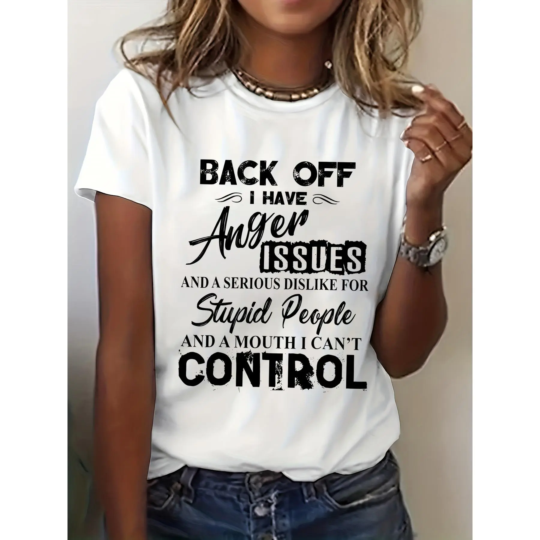 Women's "Back Off My Anger Issues" Slogan Short-Sleeve Crew Neck Top - Lady Streetwear, Polyester, Medium Stretch, Loose Fit, Minimalist Casual Tee for Spring-Summer Weekend Wear, Machine Washable, Tshirt