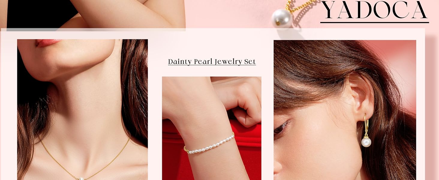 YADOCA Gold Jewelry Set for Women - 16K Plated Gold Pearl Necklace and Earring Set With Drop Earrings,Charm Layered Necklace,Adjustable Bracelets - Dainty Women's Pearl Jewelry Sets For Wedding Gifts