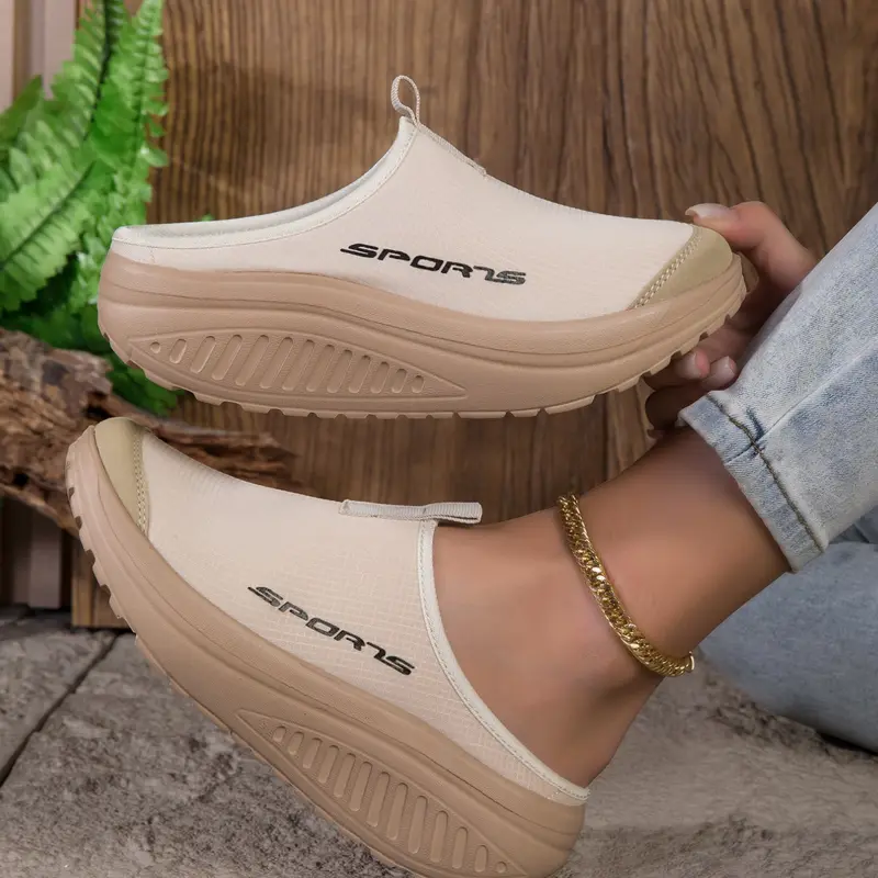 Women's Thick Sole Slip-On, Breathable Mesh Fabric, No Heel Design, Height-Boosting Shock-Absorbing Anti-Slip Outdoor Casual Walking Shoes, Trendy Casual Slippers