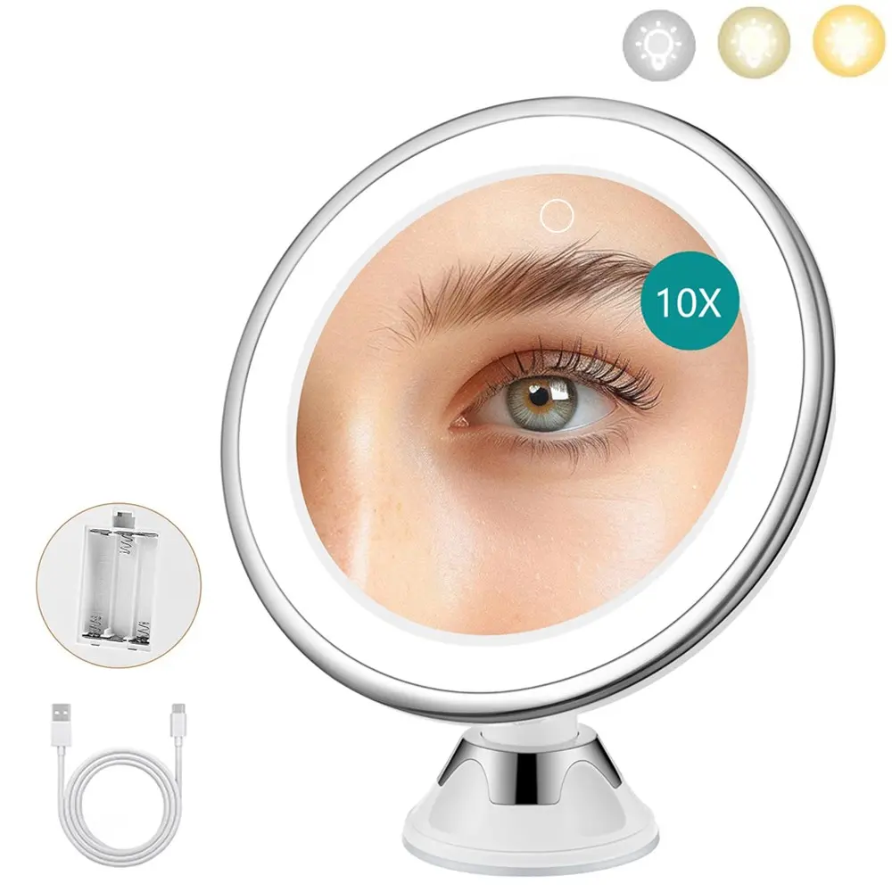 1pc LED Makeup Mirror with Light, 10x Magnification, 360° Rotatable, USB/3 Aaa Battery, Three-Color Light Modes, Unisex Bathroom Vanity Mirror