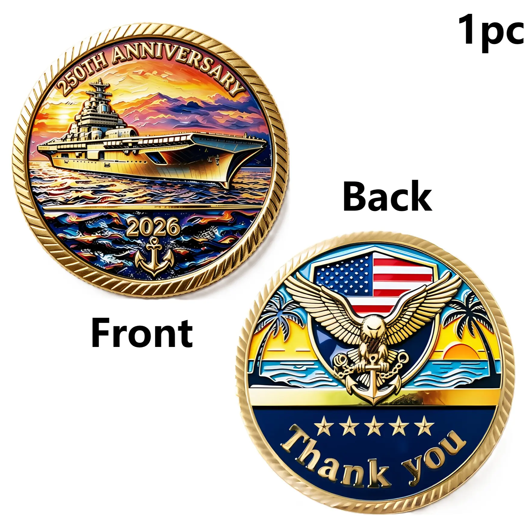 3D Anaglyph Yinbicoing 2 Inch Navy Military Challenge Coin, Zinc Alloy Plated, Veteran Appreciation Collectible Souvenir Gift