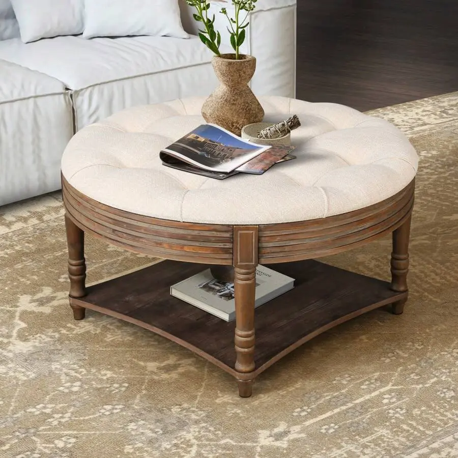 Large Round Ottoman Coffee Table 2 Tier Oversized Button Tufted Ottoman With Wooden Shelf Storage Farmhouse Upholstered Coffee Table Living Room Footstool Ottoman Linen