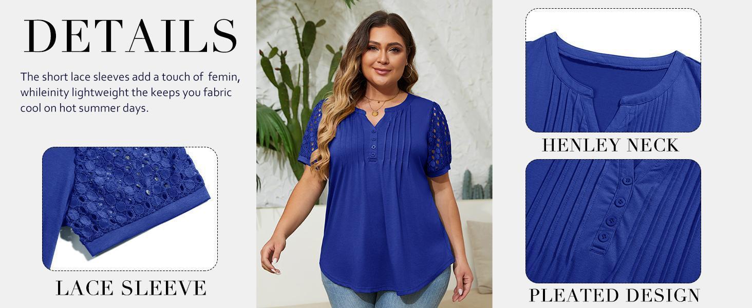 【L-4XL】Plus Size Curve imily bela curve Women's Plus Size Henley T Shirt Summer Lace Sleeve Tees Casual Pleated Flowy Tunic Tops