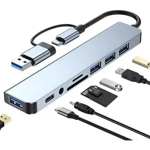 8-in-1 USB-C Hub Docking Station, USB Extender with 4 USB Ports, SD/TF Card Reader, 3.5mm Audio Jack & USB-C Port, Dual USB-A/C Input Compatible with MacBook, iPad, PC & Laptops