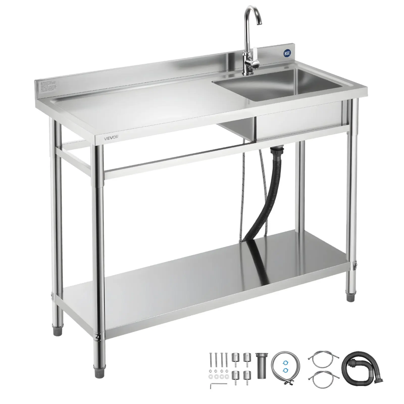 VEVOR Stainless Steel Utility Sink, Free Standing Single Bowl Commercial Kitchen Sink with Faucet, Utility Left Basin Workbench with Hot Cold Water Pipe for Garage Restaurant Laundry, 47x19.7x37 in