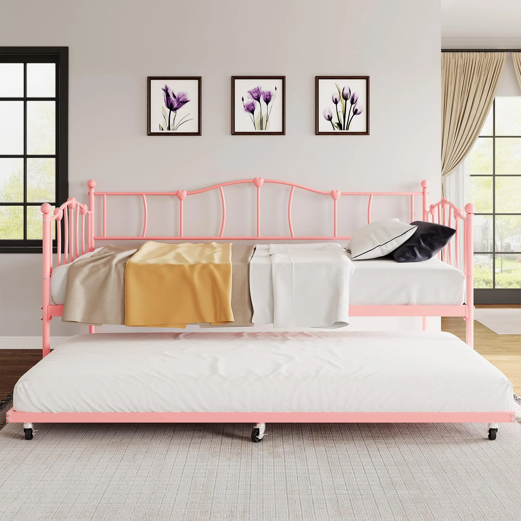 GARVEEMetal Daybed with Trundle Bed, Twin Size, Featuring Premium Metal Frame and Steel Slat Support, Includes Roll Out Trundle, Suitable for Living Room and Bedroom, Available in Pink, Black, and Purple