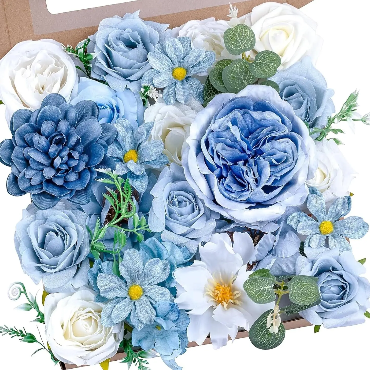 Artificial Blue Flowers Combo Box Set Baby Blue Rose Flowers Bulk Mix Dusty Blue Dahila Peonies Fake Silk Light Blue Flower Bouquets for Wedding Bridal Shower Table Centerpieces Home Decor