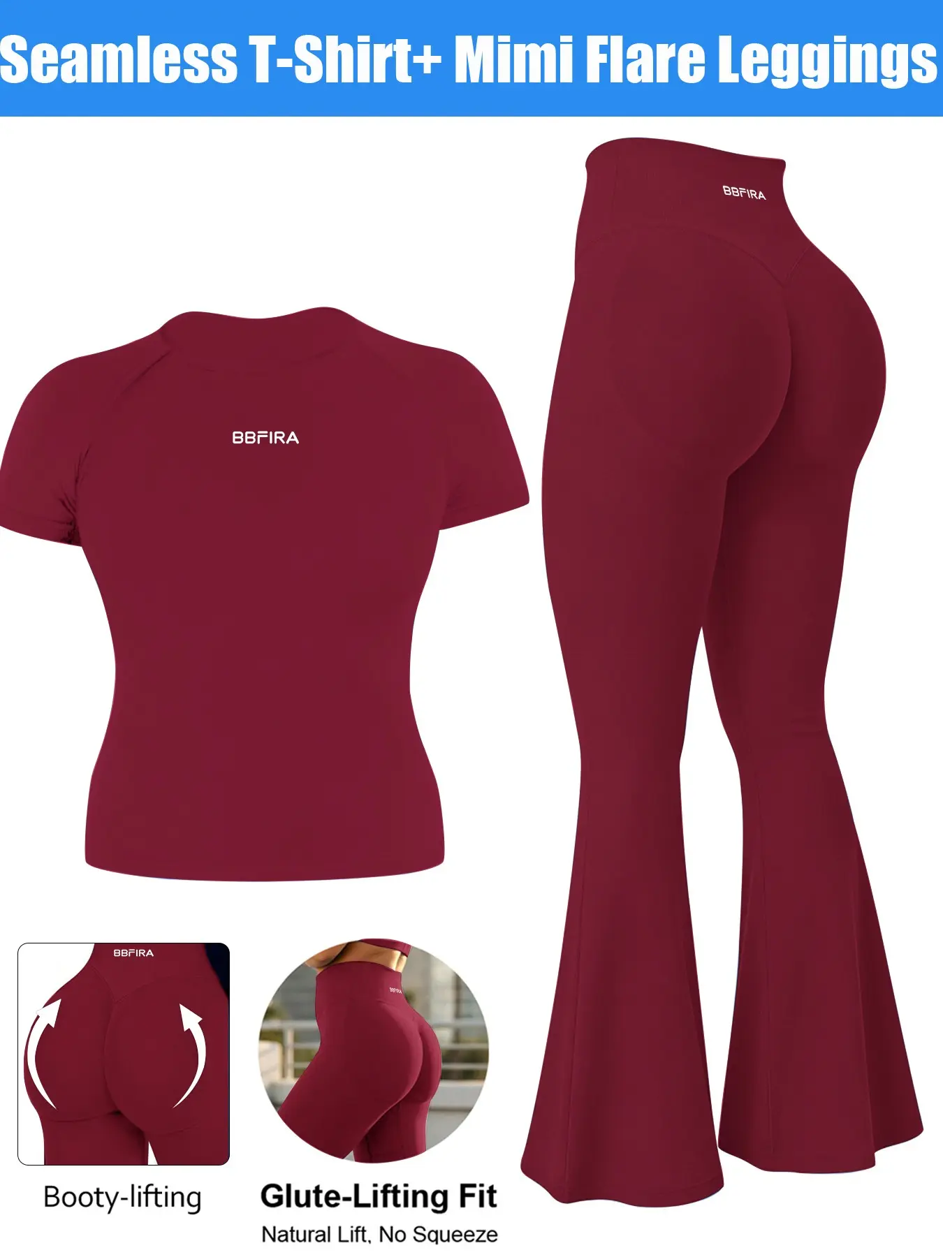 Women's 2-Piece Short Sleeve & Pants Set, Crew Neck Knit Top + Straight Micro Flare Pants, High Waist Seamless Activewear Set, Gym Workout Set, Seamless Yoga Outfits, Casual Outfit for Running, Cycling, Yoga & Outdoor Activities