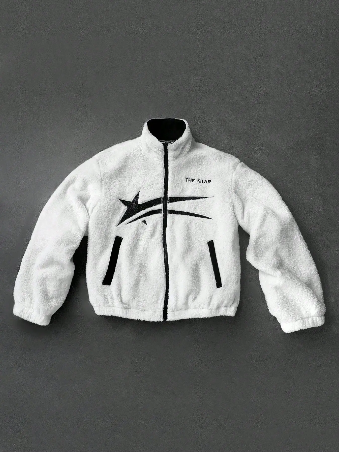 Men’s Star Embroidered Fleece Zip Up Jacket, Stand Collar Fluffy Sherpa Fuzzy Coat Streetwear Y2K Hip Hop Outerwear, Ultra Soft Plush Warm Fabric, Bold Star Graphic Embroidery & Letter Print, Full Zipper Front, Contrast Black Zipper And Pocket Trim, Relax