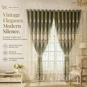 1 piece of Double-Layer Embroidered Curtain: the outer layer is an olive green blackout curtain, and the inner layer is a sheer curtain decorated with white European floral embroidery. This French floral embroidered double-layer light-blocking curtain wit