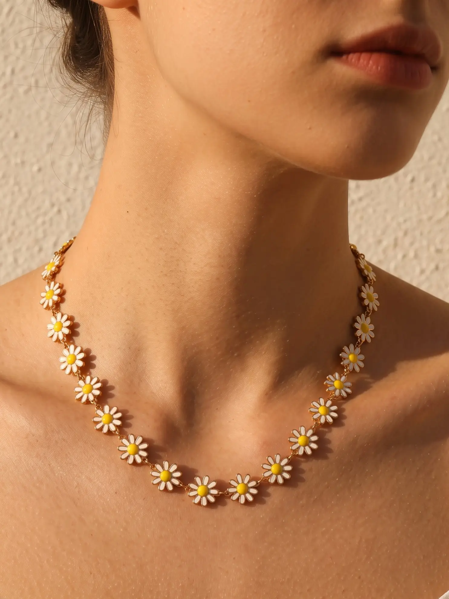Fresh Daisy Floral Necklace, Mini Enamel Daisies, Thin Chain, Stainless Steel, Hypoallergenic, Farmhouse Style, Gift for Girls