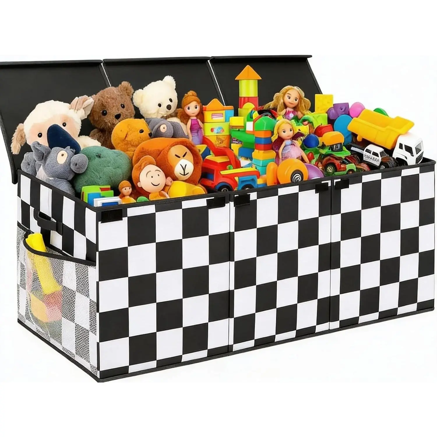 Extra Large Toy Box Checkered Monster Truck Toy Chest for Boy Girl Kid Collapsible Car Storage Organizer with Lid 40" x 16" x 16" Rectangular Checkered Basket for Living Room Playroom Nursery