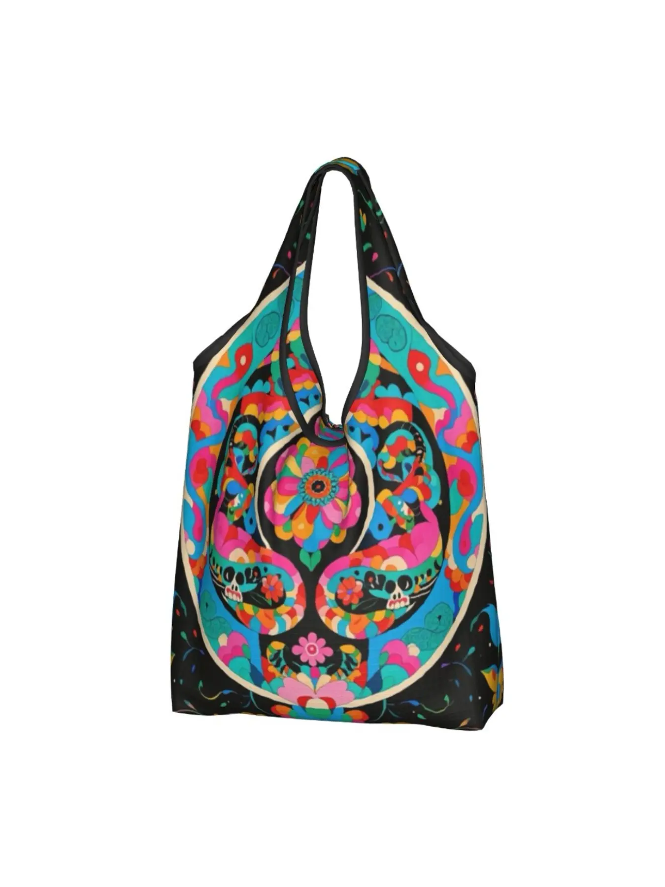 Colorful Folk Art Print Foldable Eco Shopping Bag, Symmetrical Floral Large Capacity Tote, Bohemian Style, Waterproof, Travel Storage, Reusable Bags
