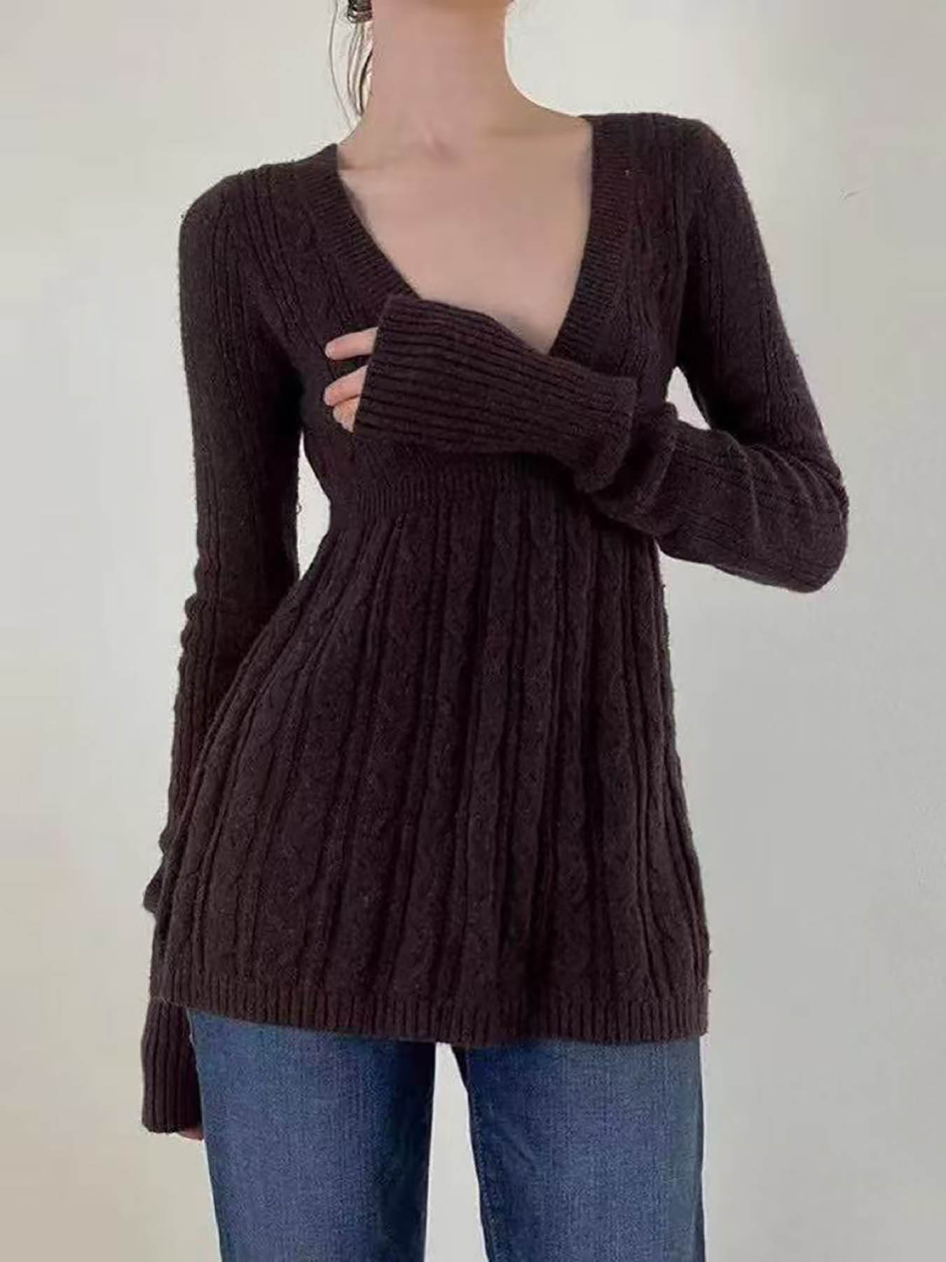 Women's Y2K Vintage Sweater, Soft Long Sleeve V-neck High Waist Knitwear for Women