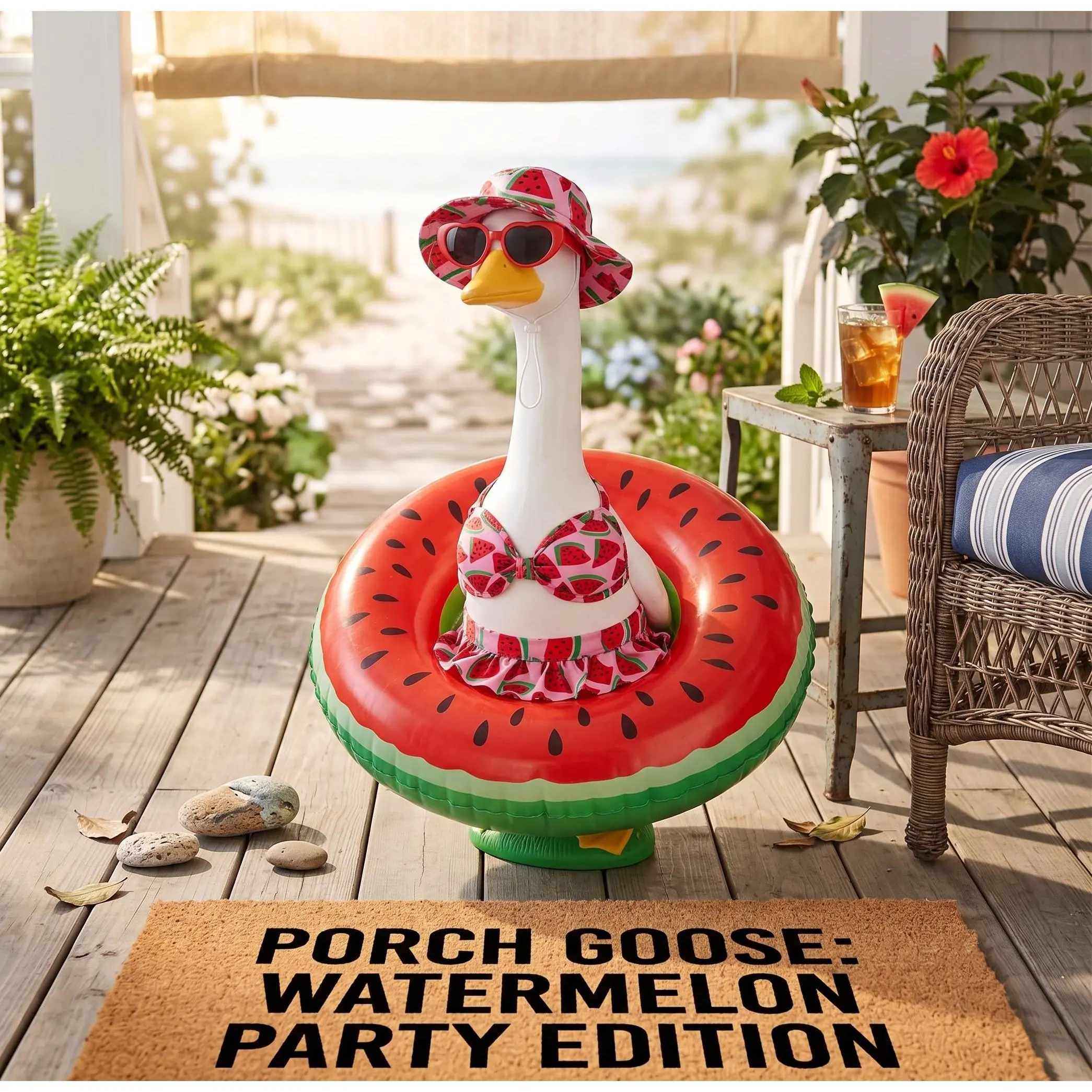 23-in Inflatable Lawn Goose Skirted Tropical Hawaiian Tiki Bar Costume Kit - Cute Chic Stretchy Summer Fruit Watermelon & Lemon Clothes, Bikini, Pool Accessories, Sunglasses, Sun Hat, Flounce - Funny Patio Decor (Home & Festive Supplies), Fabric