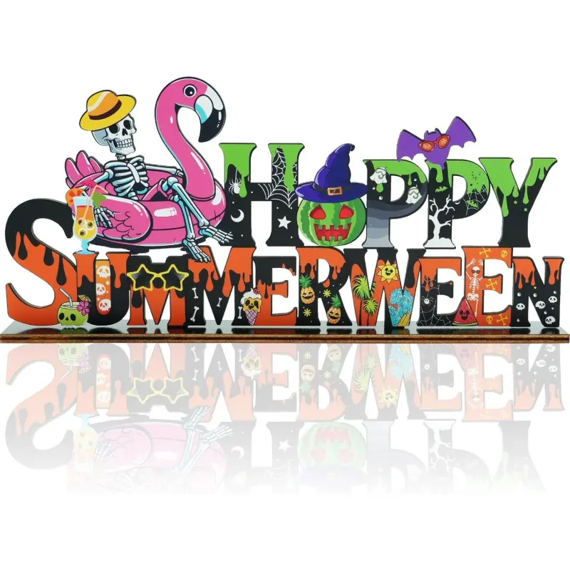 Summerween Decorations, Happy Summerween Wooden Table Decor 11.8X5.4 Inch, Summerween Festive Party Decorations Table Centerpiece with Skeleton Pumpkin for Summer Halloween Beach Themed Party, Home Tabletop, Tabletop Centerpieces, Decorative Centerpiece