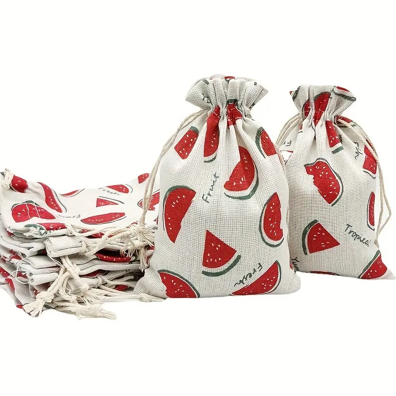 10pcs, Watermelon pattern printed linen bag, drawstring gift bag, jewelry packaging bag, wedding party gift bunch bag, birthday party gift bag, reusable decorative gift bag, 13cm*18cm/5.12in*7.09in