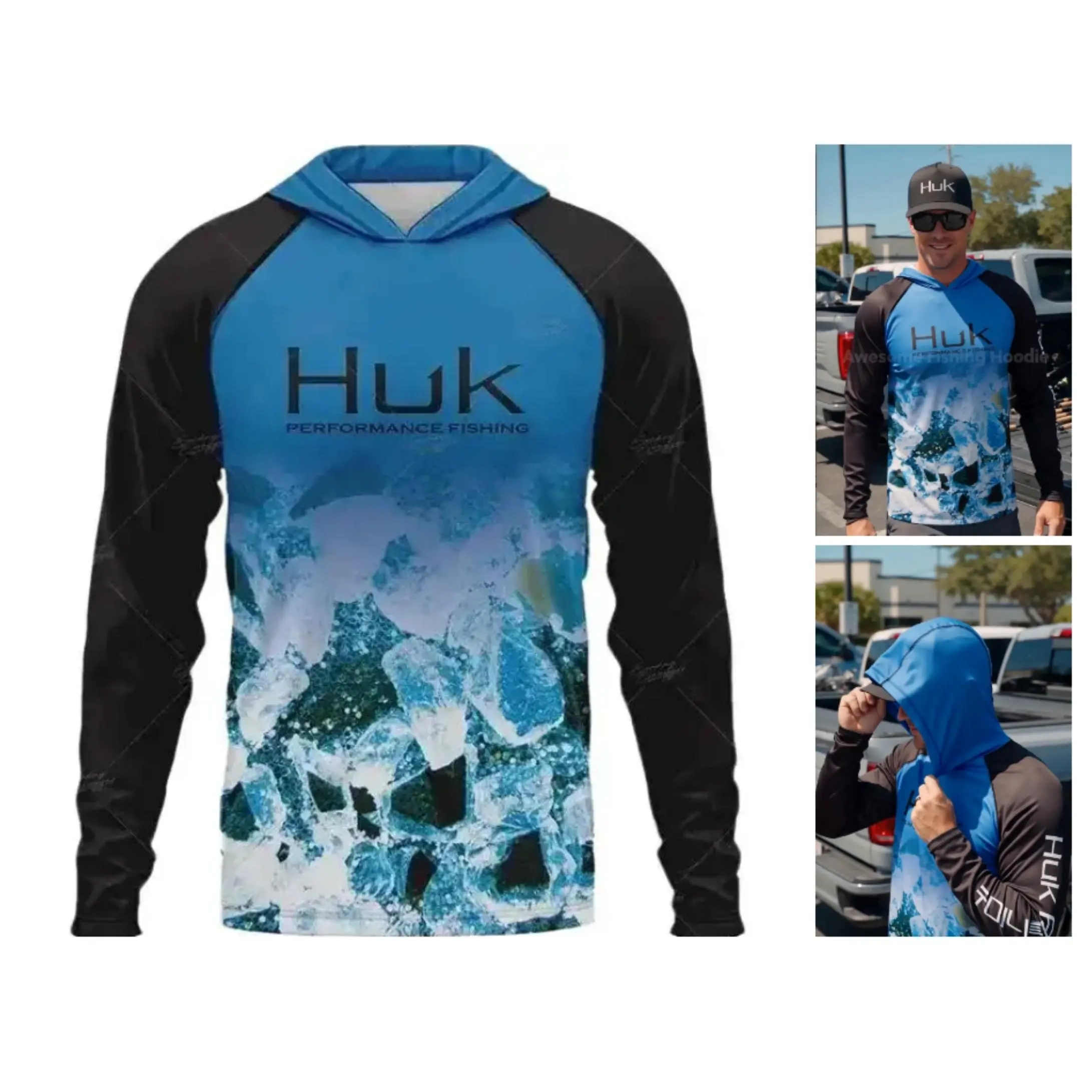 Men's outdoor sun protection clothing, camouflage lightweight breathable ice silk clothing with a hood Hooded Rash Guard Uv Rash Guard