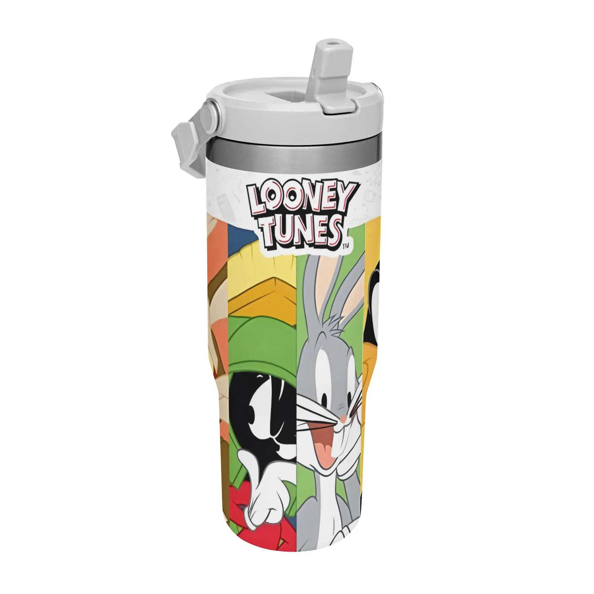【Back to School】Warner Bros. Looney Tunes Logo Split Panel Flip Straw Tumbler 30oz Stainless Steel Vacuum Mug, Leakproof Travel Cup, Color Block Character Panel Print, Classic Cartoon Fan Gift