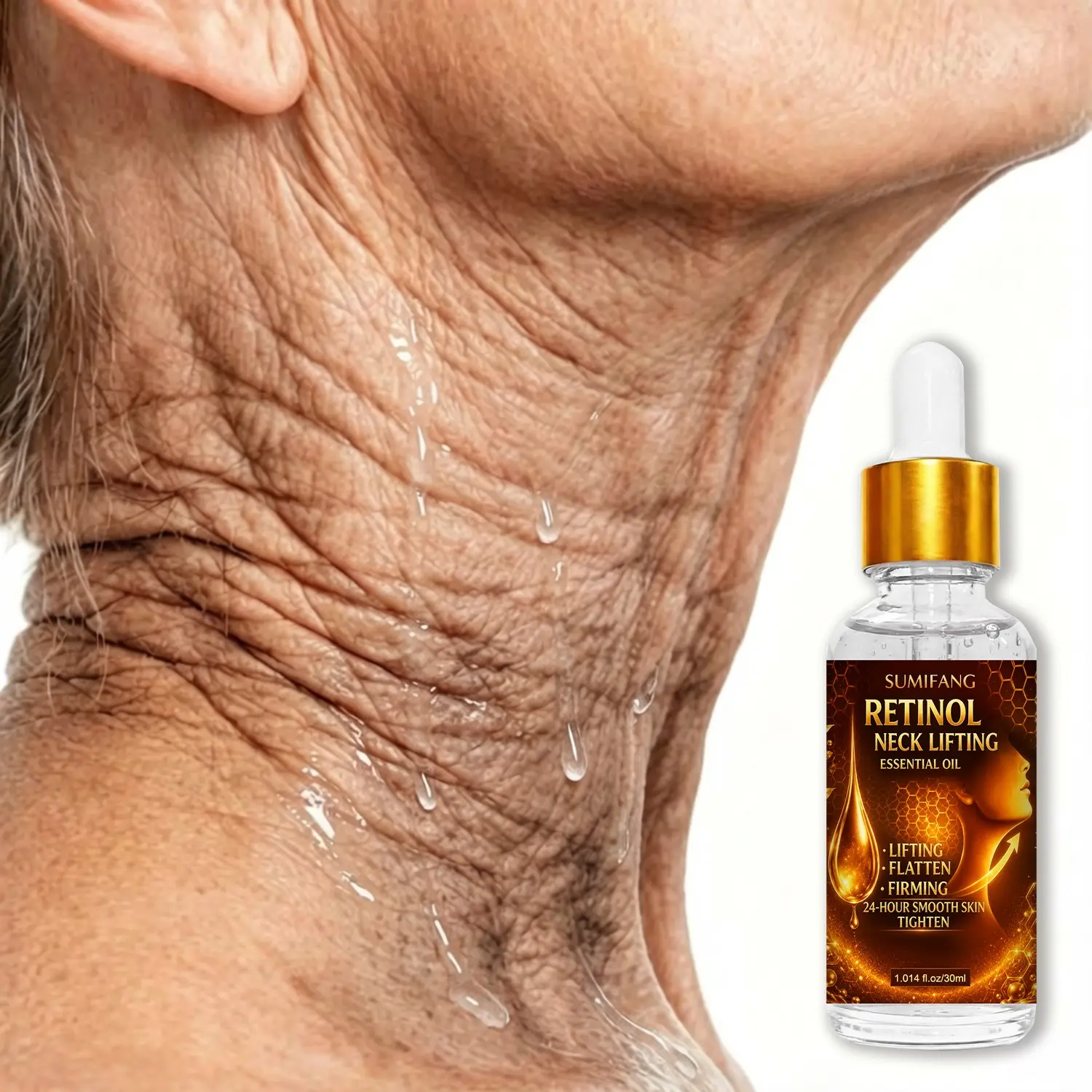 SUMIFANG Retinol Neck Lifting Serum Oil 30ml Daily Anti Aging – Contains retinol, hyaluronic acid, and collagen to target fine lines and tighten sagging neck skin. Suitable for all skin types.