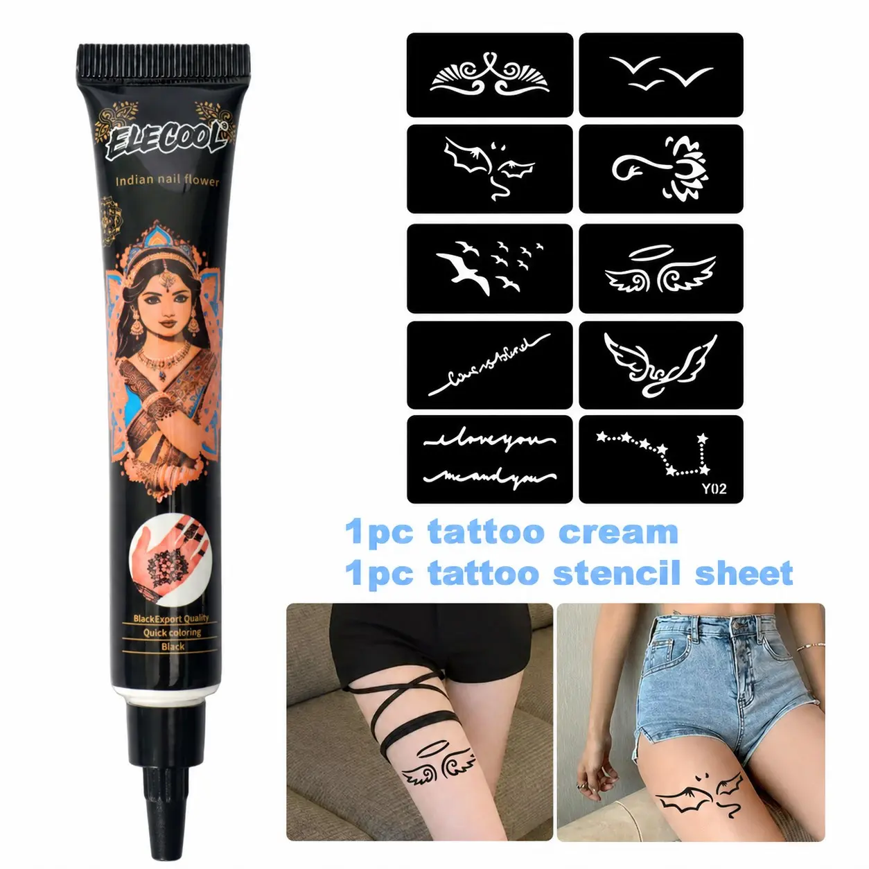 Henna Temporary Tattoo Kit with Stencil, Waterproof Long-Lasting DIY Body Art, Body Makeup, Natural Henna Tattoo Cream for Hands, Arms, Legs