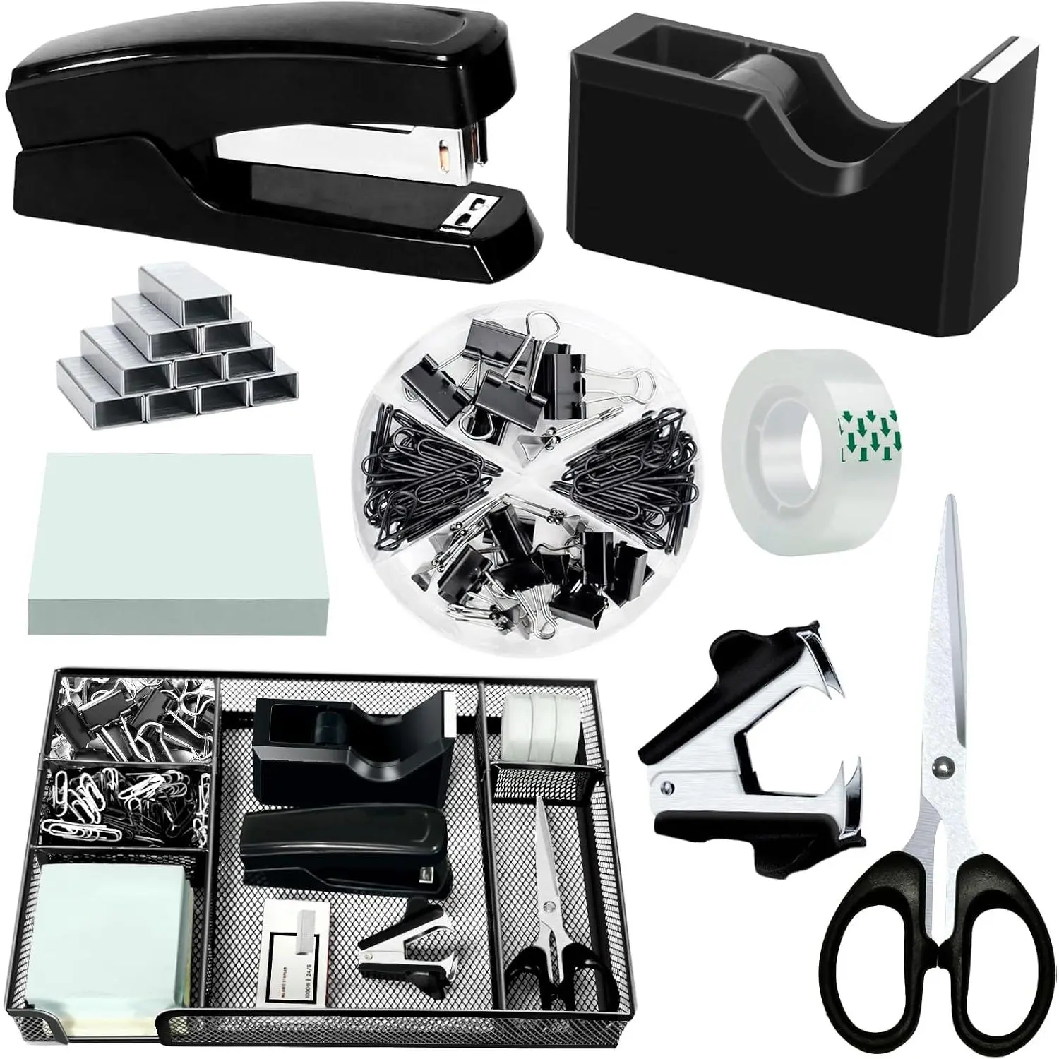 Black Desk Organizer Set, Office Supplies with Stapler and Tape Dispenser | Includes Desk Drawer Organizer,Tape, , Staple Remover, Paper Clips,  and Sticky Notes for a Neat Workspace