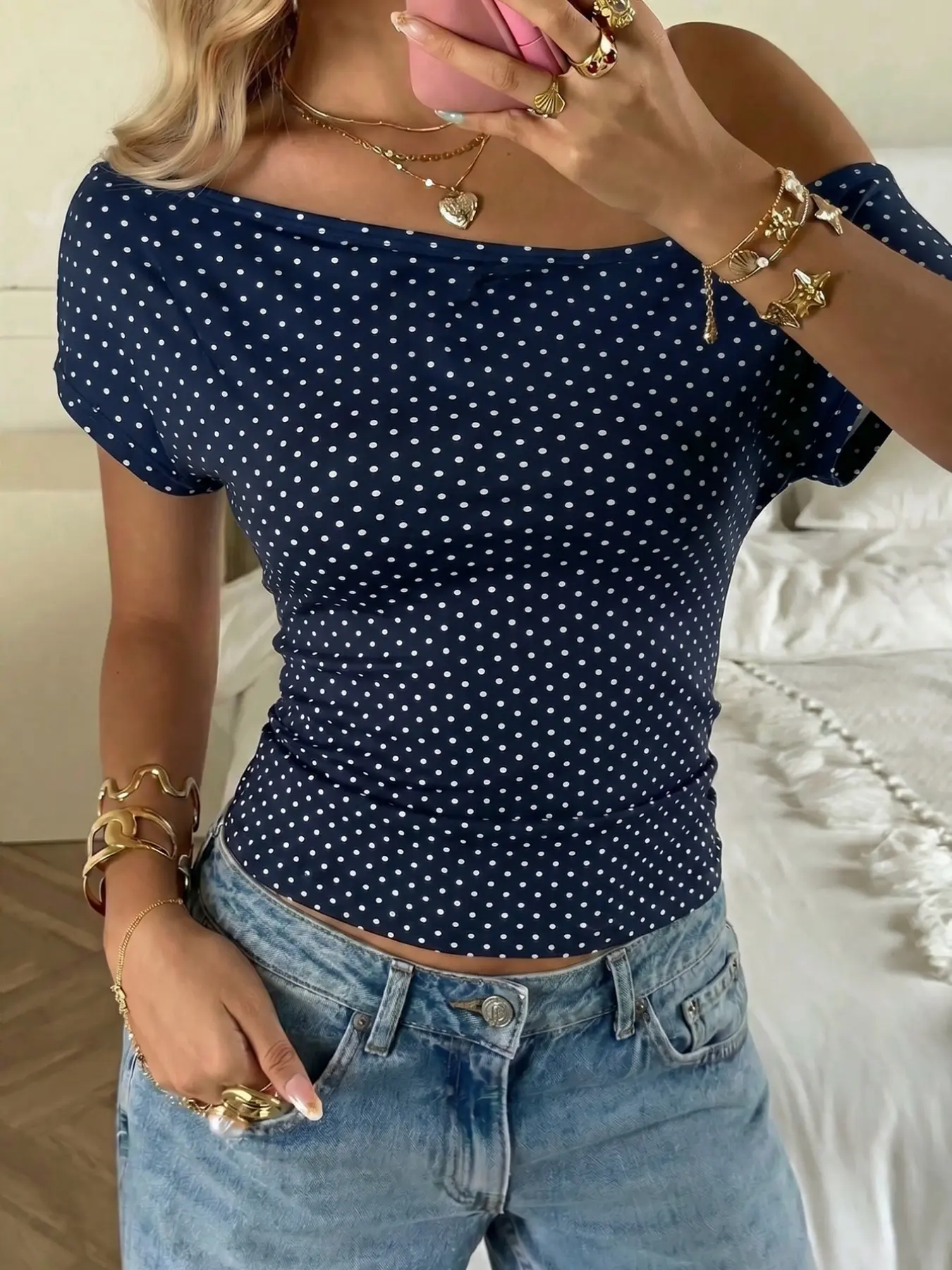 French Vintage Polka Dot Asymmetrical Shoulder Top, Bodycon Short Tee, Waist Cinched, Casual, Bold Style, Perfect for Trendy, Statement