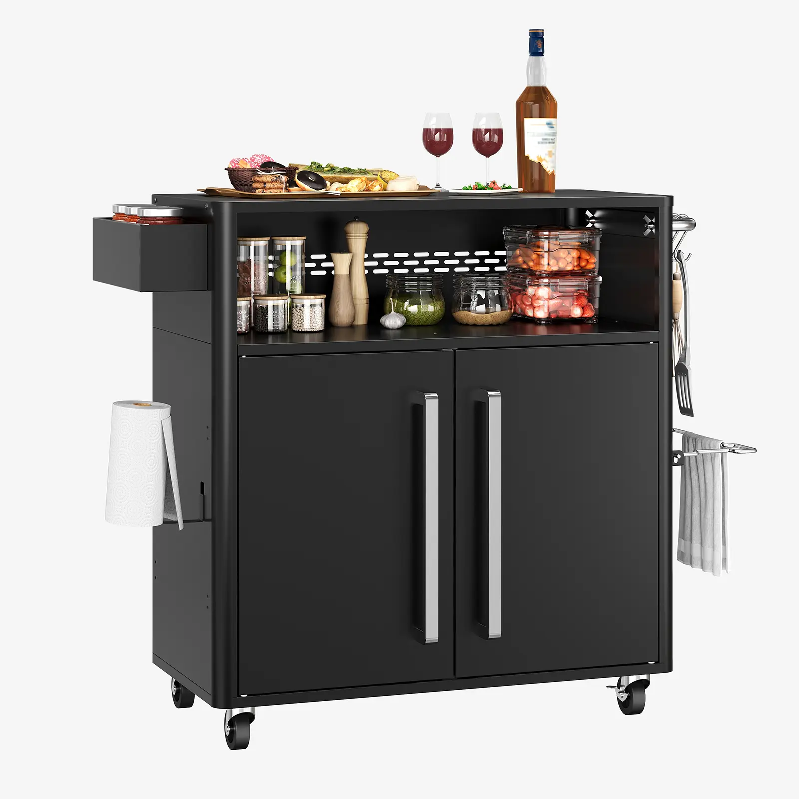 Outdoor Grill Table & Grill Cart, Multifunction Kitchen Island Food Prep Table with Stainless Steel Surface, Storage Cabinet, Hooks and Spice Rack for Outside BBQ & Backyard