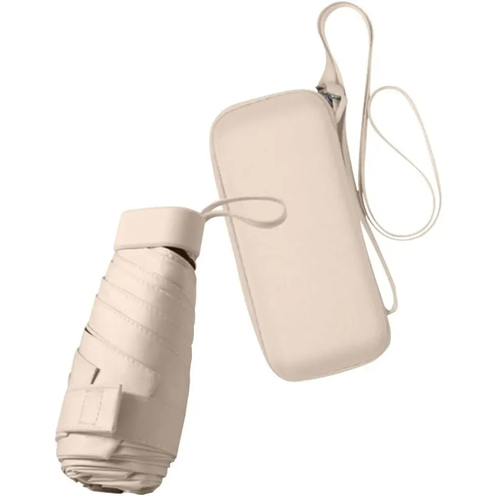 Women's Compact Mini Sun Umbrella with Case - Beige, Waterproof UV-Protective Lightweight Portable Windproof Travel Essential for On-the-Go Use, Water Proof