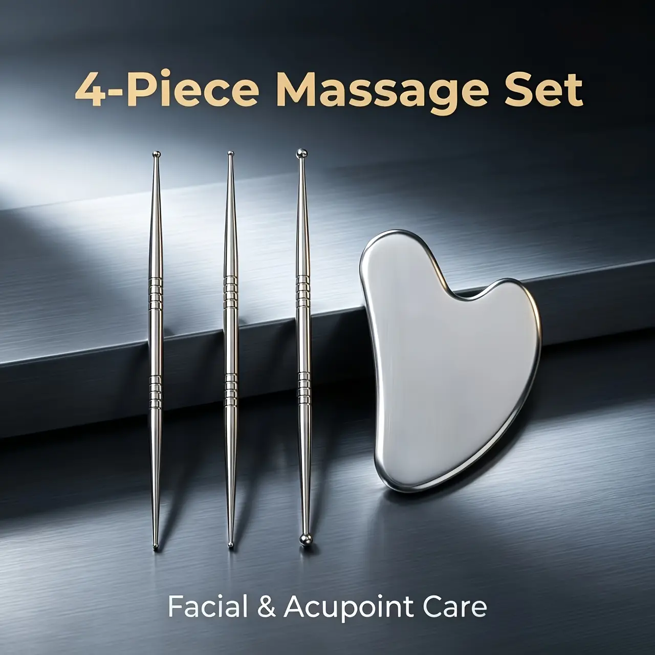 Stainless Steel Scraping Board and Acupuncture and Moxibustion Massage Pen Set -4-piece Set of Professional Facial and Body Reflexology Tools, Suitable for Temporomandibular Joint, Jaw, Sinus, Facial Shaping and Muscle Trigger Point Relief (silver)