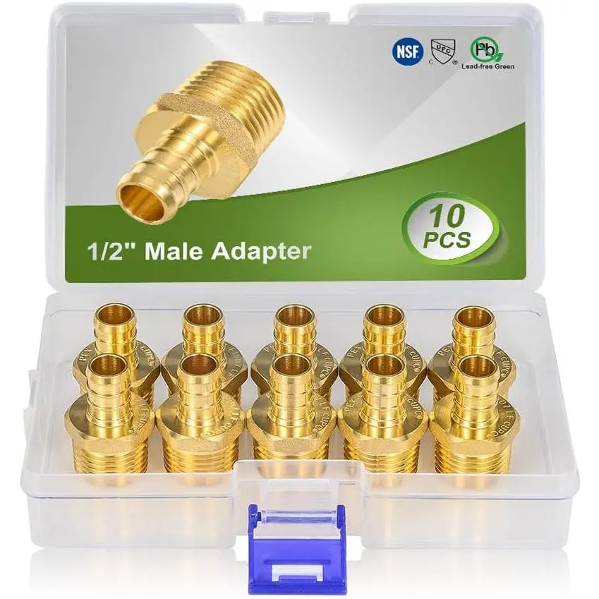 10 Pack  1/2" Pex Male Adapter, 1/2" PEX to 1/2" NPT, Pex Fittings 1/2 Inch No Lead Brass,Full Port, NSF/ANSI 61 NSF 372 Certificate, ASTM F1807 Certified
