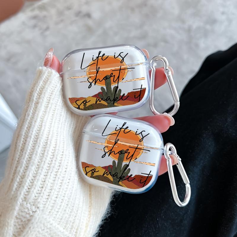 Cactus and Sundown Pattern TPU Soft Protective Case for Apple AirPods 4/3/2/1/Pro/Pro2 Transparent Earphone Cover with Keychain Attachment