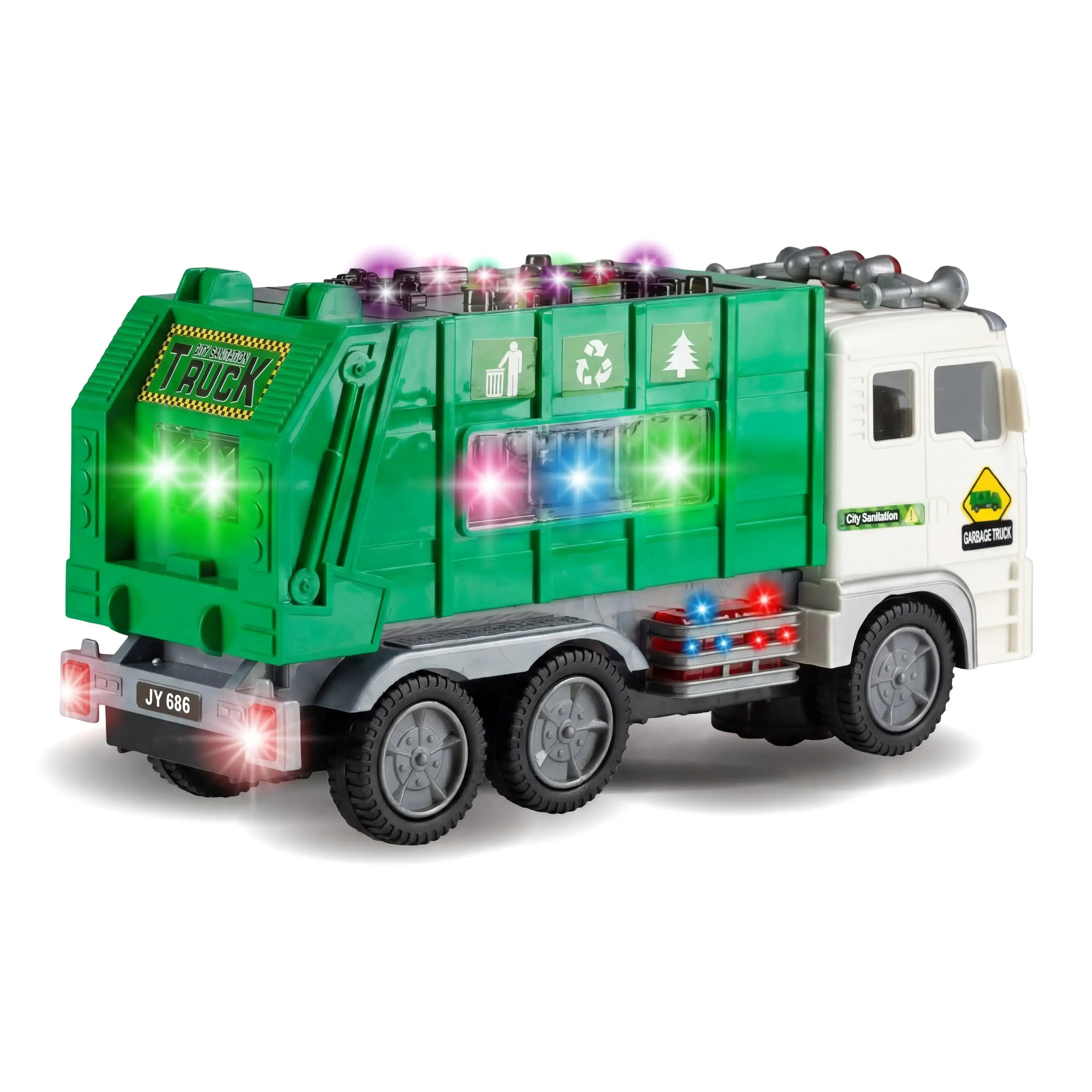 JJ Toys_us Battery-Powered Unisex Electric Garbage Truck Toy for 6-8 Years Kids, 4D Flashing Lights, Realistic Sounds, Bump & Go Sanitation Vehicle